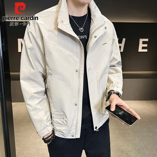 Pierre Cardin jacket men's spring and autumn loose stand-up collar trendy top casual jacket men's clothing off-white XL