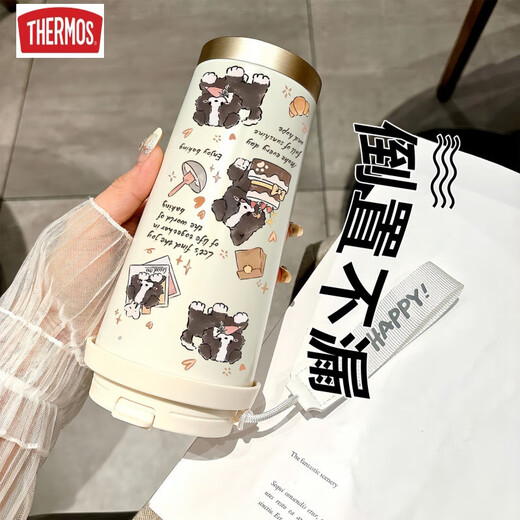 Thermos Happy Puppy Thermos (Thermos) Estudiante de acero inoxidable Café especial Café de café nuevo Copa de agua para hombres y mujeres DX1047 Bow Ink Cat + Lanyard Ceramic Inner Inner