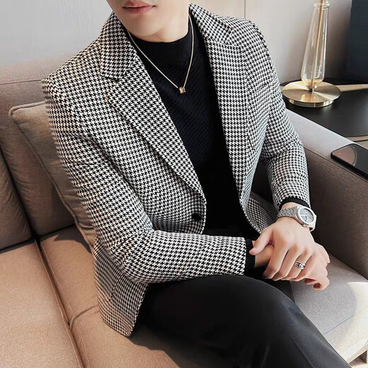 NJSkakw Suit Men de l'âge moyen et des jeunes combinaisons de jeunes hommes pour le printemps et l'automne Veste décontractée Slim Fit Plaid Single Mino 866 Houndstooth-Black and White Plaid 3XL 190 / 104A Recommandé 170-185jin [Jin est égal à 0,5 kg]