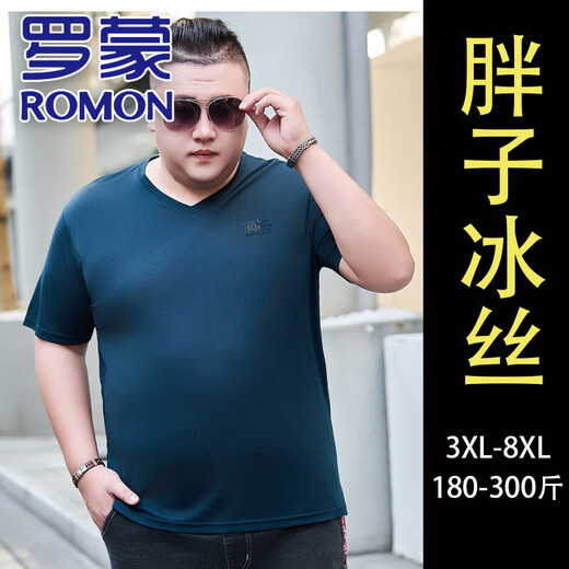 Romon (Romon) ТОГОДНАЯ БОЛЬШОЙ ШЕЛКА V-образной футболки для мужчин в летом плюс жира плюс жира плюс жир, а также большой жир, повседневный с твердым цветом, JXS9918 Black 8xl 210 (280-300JIN [JIN равен 0,5 кг])))