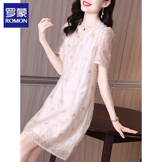 
Romon short-sleeved T-shirt dress summer new women's clothing Organya acetate satin pleated texture touching silk jacquard embroidery apricot color M Recommended 90-105 Jin [Jin equals 0.5 kg]