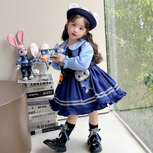 Dan Bird King Girls Judy Rabbit Police Officer Princess Dress Spring and Autumn Children's College Style Dress COS Clothing Girls Lolita Blue Dress + Tie 110 Codes