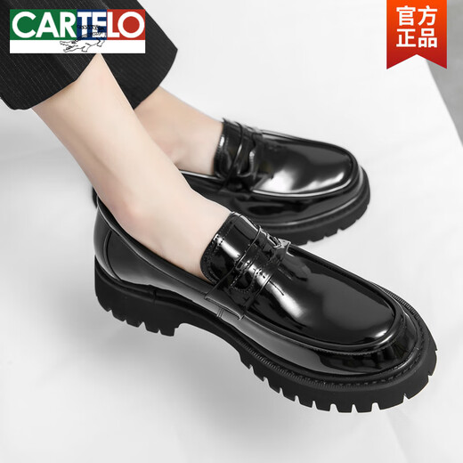 Cartelo Men's Loafers 2025 Мужские туфли повышенная толстая подошва блестящая модная кожаная обувь Ленивые бобы 3518 черные 38
