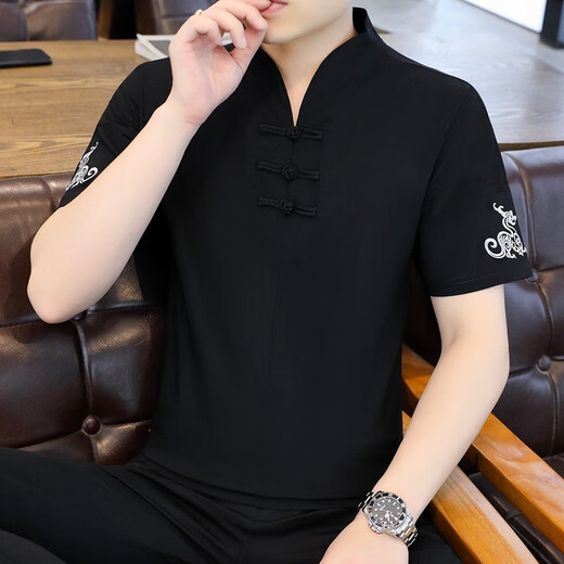 Pierre Cardin Ice Seide T-Shirt Herren kurzärmelig 2025 Neue Männer chinesischen Stil V-Ausschnitt mit halbärmeligem Sommer dünn chinesischer Stil T-Shirt E9871 Schwarz (Eissinler glatt) 5xl
