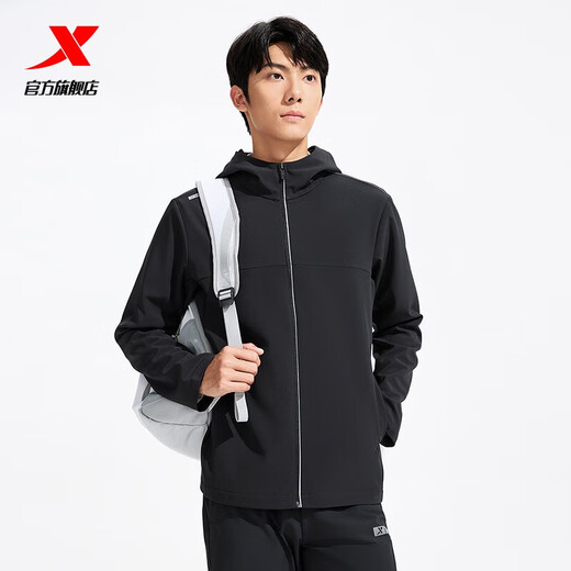 XTEP double-layer soft shell windbreaker men's autumn new sports thin coat jacket top outdoor cycling suit black XL