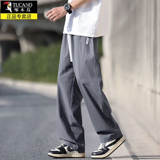 啄木鸟夏季冰丝裤男薄款2025新款潮流宽松直筒裤子男透气休闲速干长裤男 K6636军绿 XL 约125-145斤