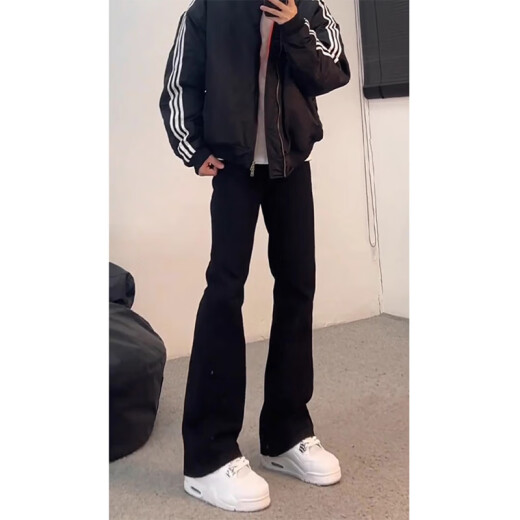 POUM黑色弯刀柳叶牛仔裤男春秋夏季款潮流显瘦美式高街直筒微喇裤子男 DFFS-701黑色 2XL