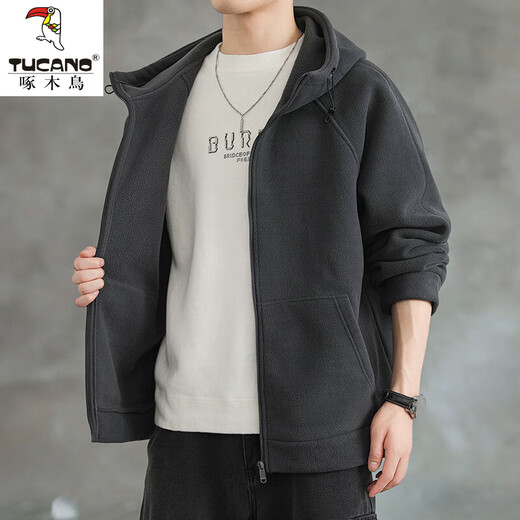 Woodpecker (TUCANO) Austrian velvet jacket men's autumn and winter new velvet hooded jacket for men and teenagers all-in-one velvet sports cardigan coat 10268-1-K0905 gray velvet XL about 145~165Jin Jin equals 0.5 kg can be worn