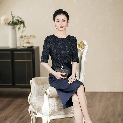 高贵喜婆婆婚宴装晚礼服旗袍春小个子婚礼妈妈日常可穿连衣裙 藏蓝色9764 收藏加购优先发货 2XL 115斤-125斤