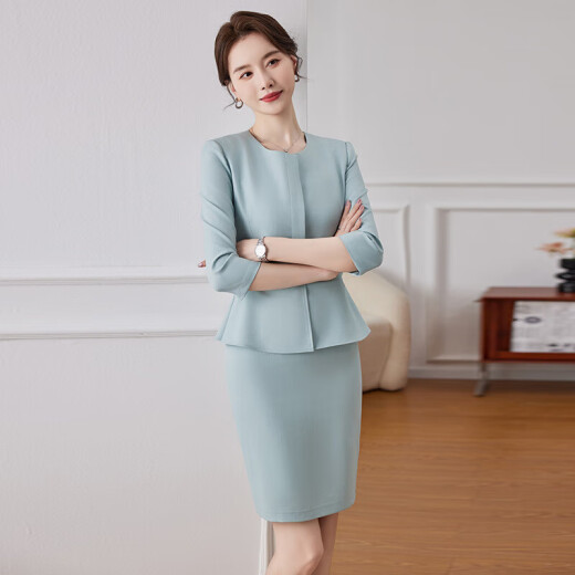 New blue quarter-sleeved small suit jacket for women beauty salon jewelry store two-piece professional suit green suit + skirt (JY6210) 2XL