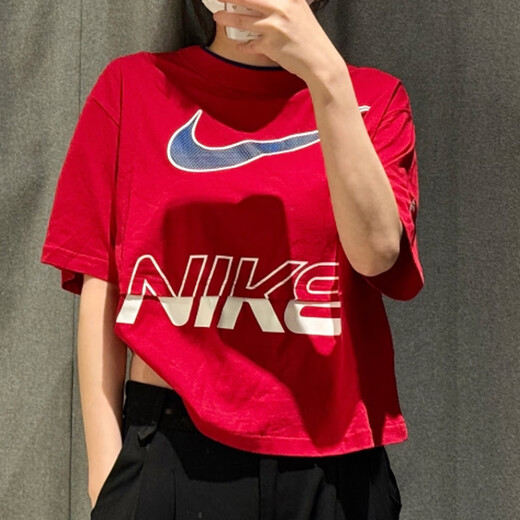 Nike (NIKE) short-sleeved women's clothing 2025 summer new fitness training sportswear half-sleeved round neck breathable casual short T-shirt pure cotton HF6291-687 fitness red XL