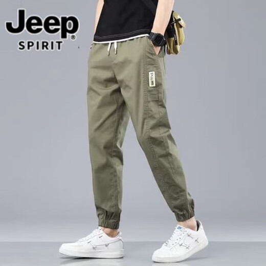 JEEP SPIRIT吉普纯棉休闲裤男夏季新款宽松束脚哈伦裤男款工装运动男长裤子 军绿色991 28 【（2尺1）体重90-100斤】