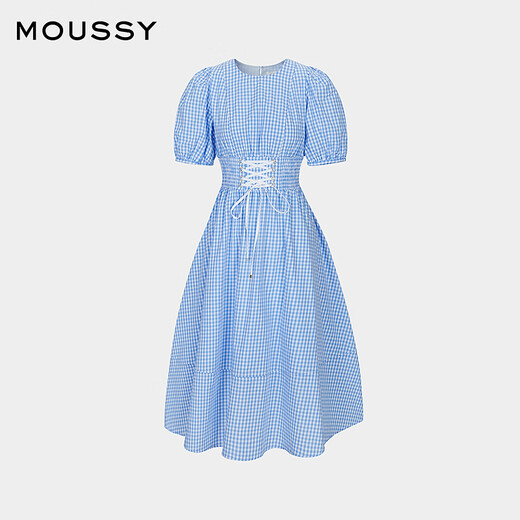 moussy 2025新品田园风泡泡袖绑带收腰连衣裙女028ISA33-4081 115花纹蓝色 S