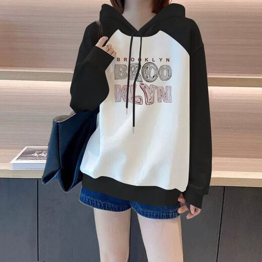 Gtyuwvg2024 Herbst und Winter Neue koreanische Version Lose Raglan-Hülle Spleißung kontrastierender Farbe Kapuze plus Samt verdickte Sweatshirt für Frauen in Mode 6197 Kapuzenblumblau grau Blaues Raglan-Hülle Sweatshirt S 80-100jin [Jin gleich 0,5 kg]