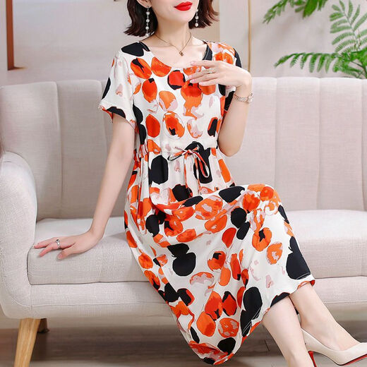 Hanqing Zhongsu Summer Floral Cotton Silk Robe Fomen in Women's Summer Round Coul Round Style Co dans la mode de grande taille de grande taille du tempérament d'âge moyen 9923 Modèle n ° 3 XL (Recommandé 90jin [Jin est égal à 0,5 kg] -120jin [Jin est égal à 0,5 kg]))