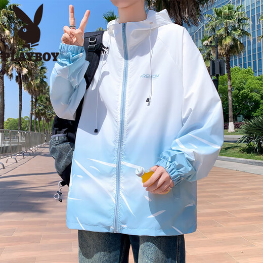 花花公子（PLAYBOY）渐变色防晒衣男款夏季冰丝薄款连帽防晒服青少年户外钓鱼凉感外套 6628灰色 M (约90~100斤可穿)