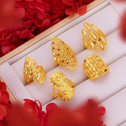 Keshan quality light luxury 999 Bengal red gold sand gold hollow women's flower big ring imitation gold color women's fashion personality diamond double leaf ring Lao Fengxiang quality