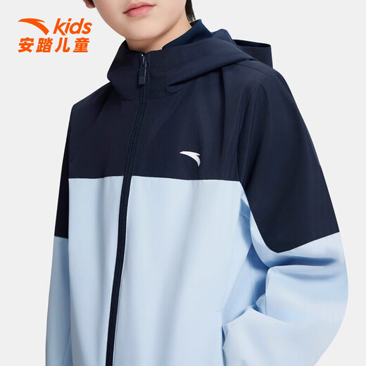 ANTA Jacket Boys 2025 Autumn New Hooded Sports Top Stand Collar Windproof and Water-Repellent Warm Jacket 7601-5 Late Night Blue/Sky Blue 150