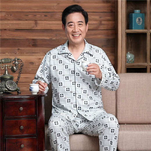 Men asados de pijama de verano de primavera y otoño de mediana edad y ancianos algodón puro hombres de manga larga de tamaño de mediana edad