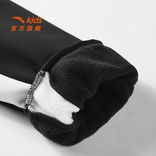 ANTA Children's Suit for Boys and Girls 2025 Autumn School Sports Children's Clothing Outdoor Running Training Knitted Sports Clothes Plus Velvet Style Black Letter Sweatshirt + Black Trousers Skin Warm Velvet 150 cm