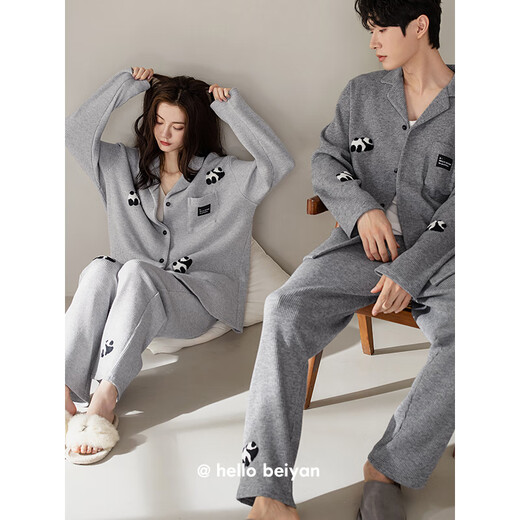Beiyan Couple Pajamas Women's Autumn and Winter New Thick Knitted Cotton Long-Sleeved Lapel Cardigan Large Size Suit Men's Home Clothing C20790 Women's M