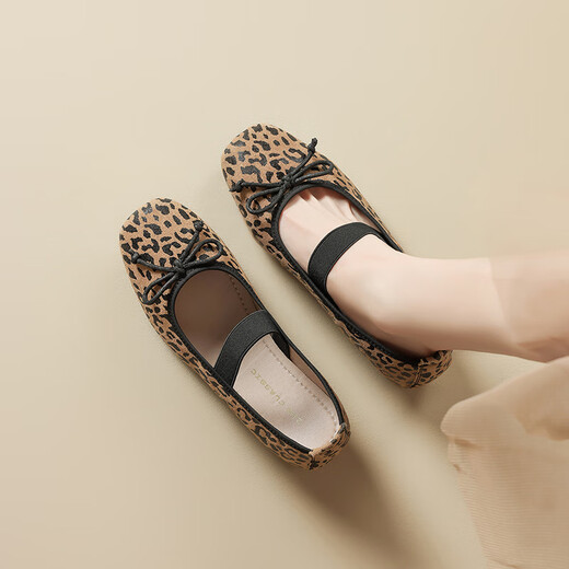 ZHR Single Shoes Damen Sommertemperament Bow weiche flache Mary Jane Lederschuhe Frauen flacher Mund Ballett Frauenschuhe AH683 Leopardendruck 39