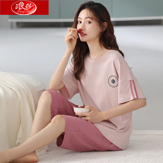 Langsha Pyjamas für Frauen im Sommer im Sommer reines Baumwoll-Baumwoll-Hosen Set Summer Summer Middle Age und ältere Mütter großartigen Kurzarmkleidung NXF-9855 LILAC M [vorgeschlagenes Gewicht: 80-100jin [Jin gleich 0,5 kg]]