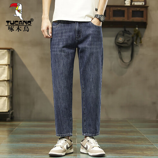 Woodpecker (TUCANO) high-end nine-point jeans for men's summer thin straight loose trend 2025 new elastic pants for men breathable and versatile 9901 nine-point blue (summer) thin model 32 sizes (2 feet 5)
