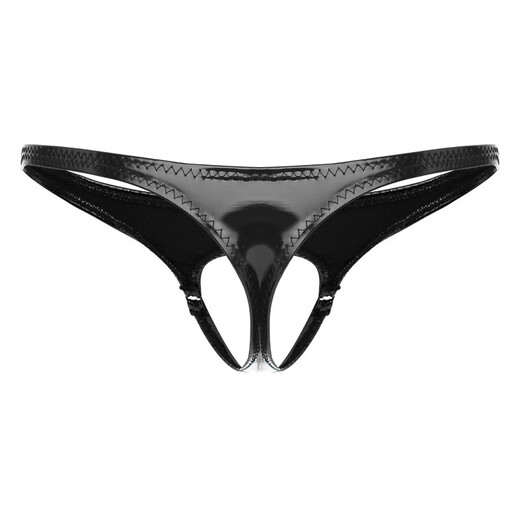 Men's front hollow underwear, sexy bright leather men's thong underwear, iron ring, mid-low waist T-shaped underwear, elastic men's thong underwear, black 1 pair L