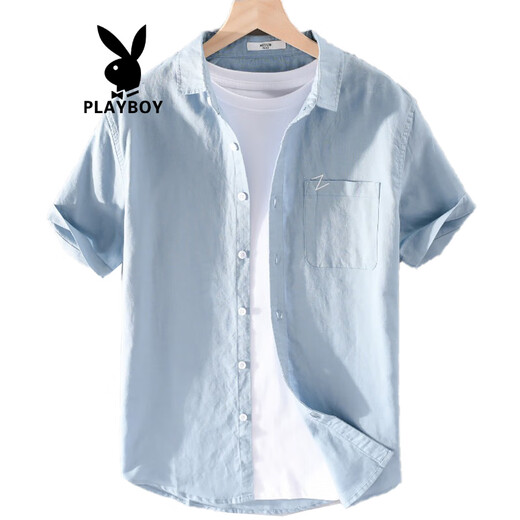 
Playboy (PLAYBOY) men's high-end linen shirt summer trendy brand thin cotton linen top men's casual short-sleeved T-shirt summer clothes yunyi-9711 white XL