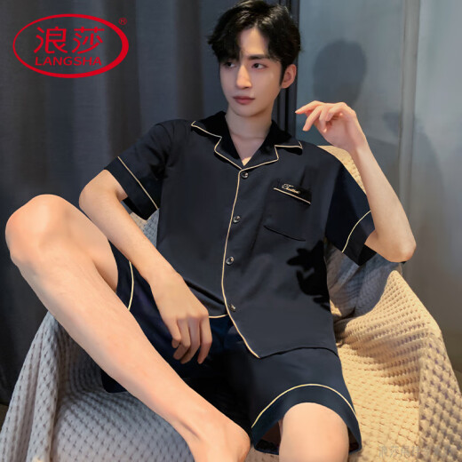 LangSha light luxury high-end pajamas for men in summer thin ice silk short-sleeved teenagers can wear outside for men 2025 new home 12532 [Yunduo Cotton Crepe] L Recommended height 170, weight 100-130