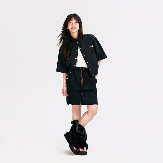 NO ONE ELSE字母翻领外套女士2025夏季新款印花口袋短袖机能夹克 黑色 均码