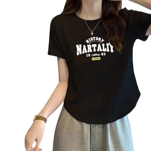 
GTYUWVG American-style front shoulder pure cotton women's short-sleeved T-shirt for women 2025 summer new style slimming belly curved hem top 6227 black curved red letters S