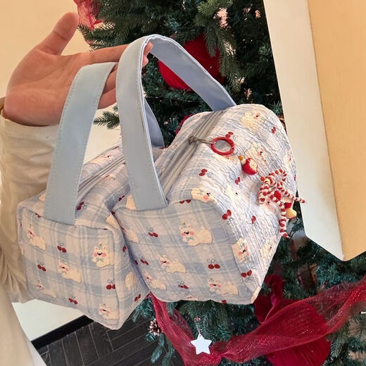 Yunluo 2025 New High-Looking Makeup Storage Bag Large Capacity Portable Washing Storage Three-dimensional Travel Makeup Handbag Blue Pleated Puppy Handbag