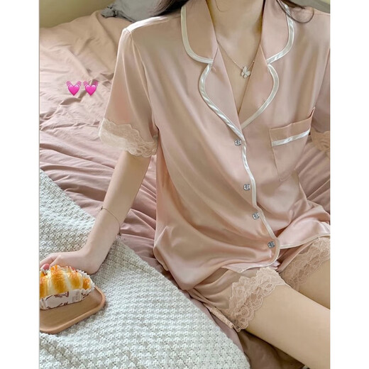 冉艺岚同款冰丝睡衣女夏季短袖薄款ins风高级感粉色花边外穿家居服夏天 #yx-9214 M 75-98斤