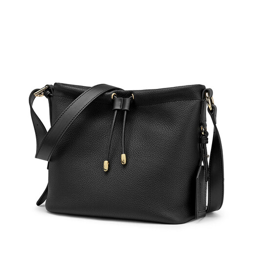 GOLDLION G+ women's bag shoulder bag cowhide fashion women's crossbody bag drawstring large capacity bucket bag black 23*13*21cm