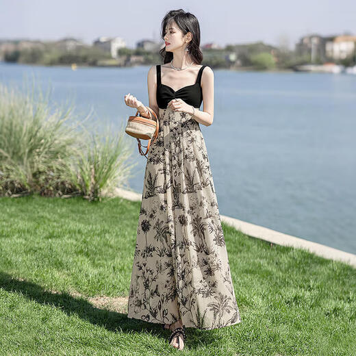 Seide Cypress House Tinte Blumenrock 2025 Sommer Neue Frauen gespleißte gefälschte zweiteilige Schlinge Long Sling Kleid