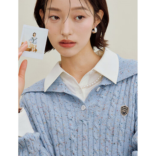 Inman College Style Cable Colorful Sweater 2025 Autumn Women's New Lazy Casual Lapel Knitted Sweater Light Blue XL
