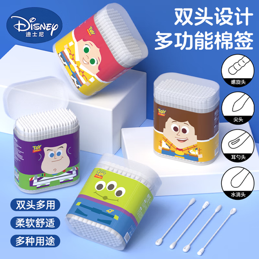 Disney co-branded paper cotton swabs for babies and children, ear scoop tips for infant makeup, 1 box of Toy Story Tris 200 pieces, water drop tips + ear scoop tips