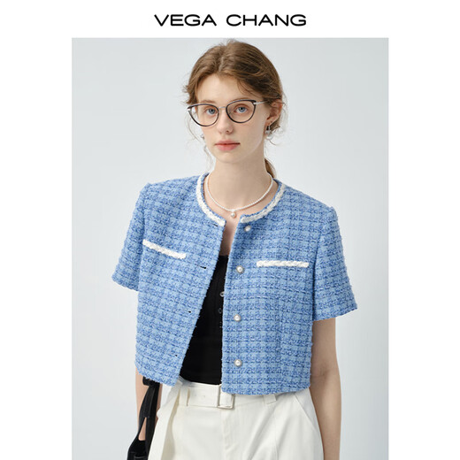 Vega Changvegachang Frauen Kurzjacke 2025 Neue Frühlings- und Sommer Retro Eleganer Stil gewebter kleiner Geschmack Kurzarmjacke Sky Blue_Second Batch s