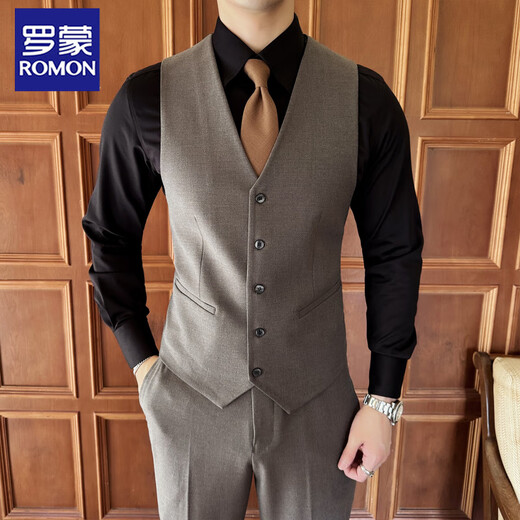 Romon (Romon) Anzug männlicher schlanker Bräutigam Hochzeitskleid Formale Tragen brauner britischer Stil hübscher kleiner Anzug Herrenjacke braun [Anzug + Hose + Weste] + Hemd S 165 [Vorschlag 90-105jin [Jin gleich 0,5 kg]]