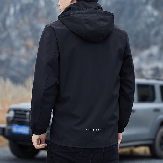 真维斯（Jeanswest）春秋季冲锋夹克男新款男装宽松连帽可拆卸外套男士防风工装上衣 6628黑色 2XL 码(136-150斤)