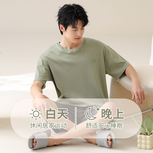 浪莎春夏季新款男士纯棉睡衣短袖短裤圆领休闲薄款宽松大码青年家居服 13601 L 【建议100-120斤】