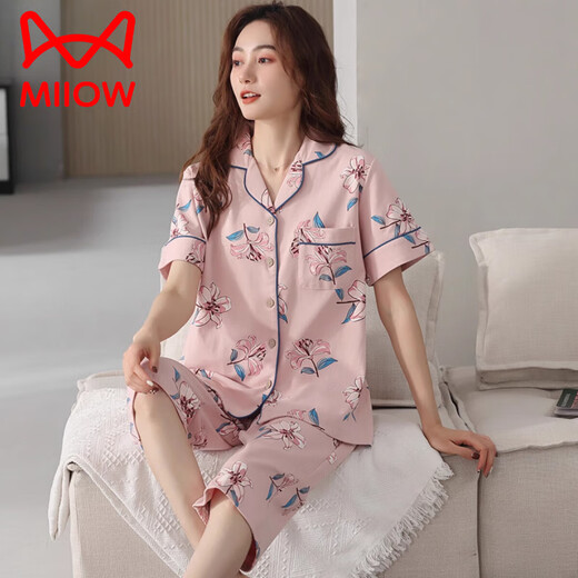 Catman (Miiow) Pyjamas en coton pur pour femmes Pantalons courts courts à manches courtes cardigan style mère grande taille maison décontractée Vêtements pour femmes 2025 Nouveau style de pastèque rouge NXF-9892 Coton pur coton féminin ouvert I à manches courtes M [80-100jin [Jin est égal à 0,5 kg]]]]