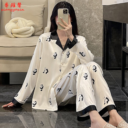 允桐感熊猫长袖睡衣女春秋季开衫冰丝薄款可外穿两件套家居服夏天 b693黑色小狗 XL 码120-130斤