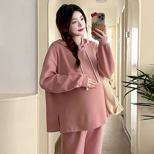Autumn suit for pregnant women, Korean style loose long-sleeved hooded sweatshirt, fashionable and foreign-style outer wear tummy-supporting pants, hot mom complete set, gray suit XL 120-140Jin Jin equals 0.5 kg