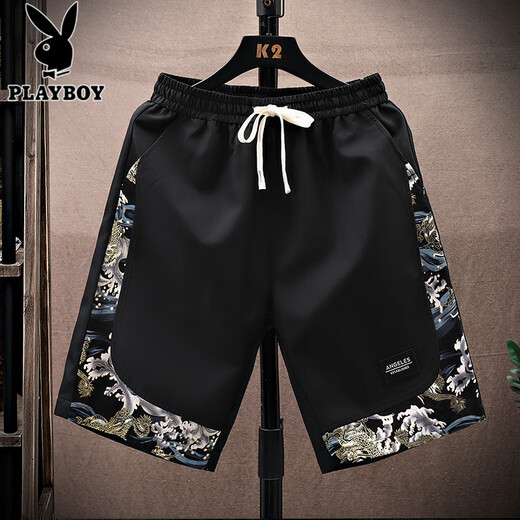 花花公子（PLAYBOY）国潮印花运动短裤男士夏季潮流外穿中国风宽松百搭大码休闲五分裤 833米白色 M 80-100斤