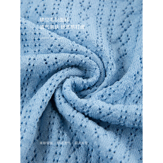 Mo Hanyimei [modischer Retro-Stil ausgehöhltem runden Hals halb geöffneter Placket kurzärmeliger Pullover] 2025 Sommer neu gestrickter Pullover Sky Blue M.