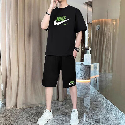 NBA KIDS-NIKE百搭潮酷夏季短袖短裤套装男帅气纯棉透气百搭宽松T恤男 耐克黑T  绿白小标+黑裤口 耐克儿童12034-45斤