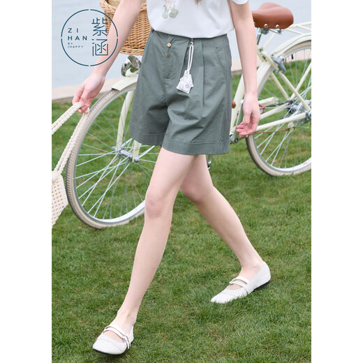 Zihan (ZIHAN) Zihan wide-leg casual shorts for women in summer 2025 new Japanese simple loose high waist slimming straight pants pine dark green XL